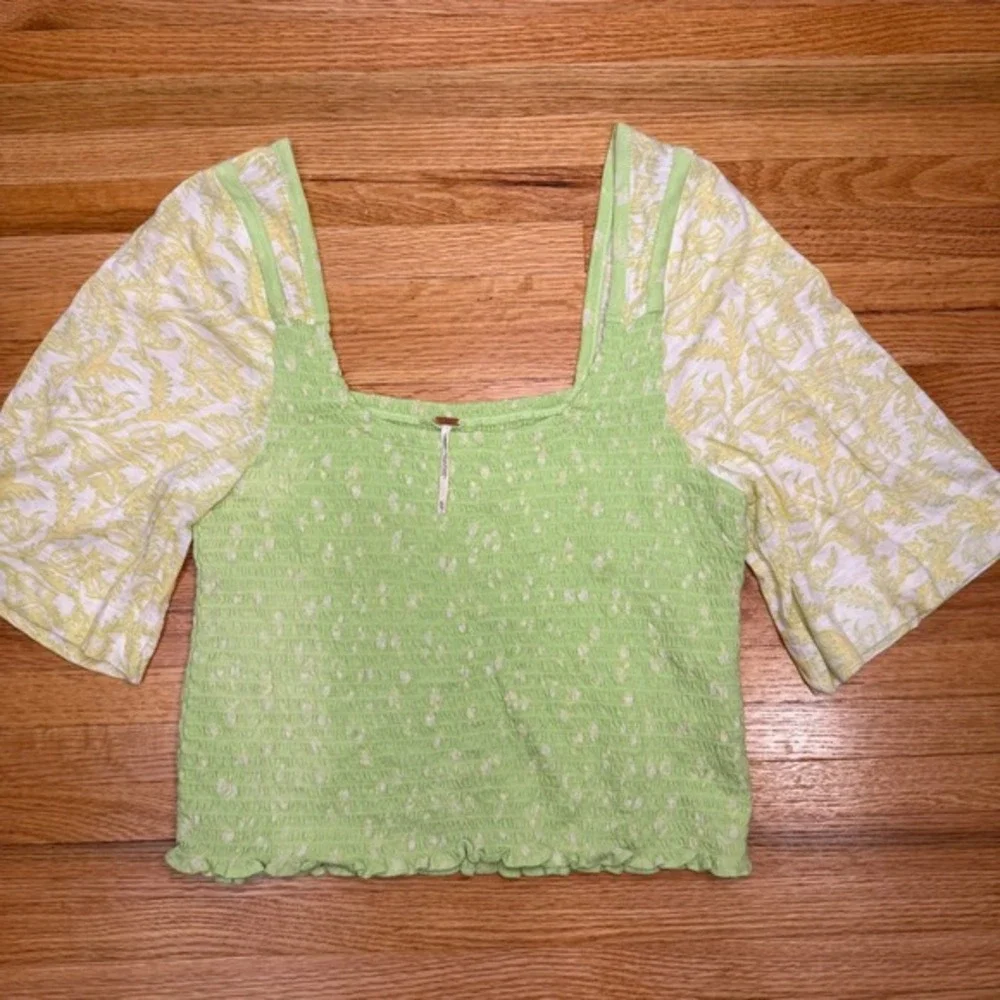 Free People XL Green‎ Smocked Crop Top Puff Sleeve Boho Festival